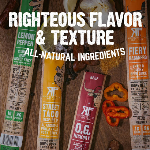 100% 88g Pack, 10 Count Righteous Felon Variety Meat Sticks | Grass Fed Beef, Turkey & Pork | Total Protein |