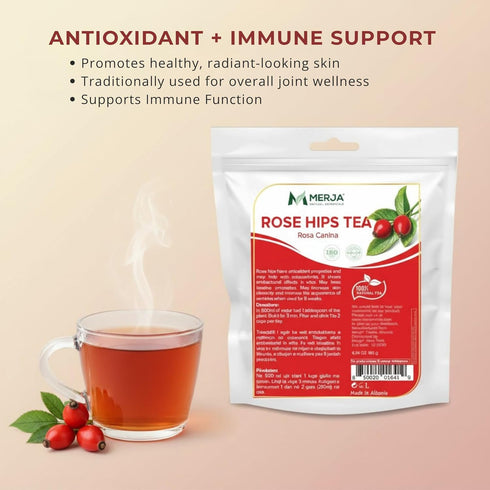 Immune 100% 180gr Merja Herbs Rose Hips Tea - System Support & Antioxidants - Natural Caffeine Free - Loose Tea