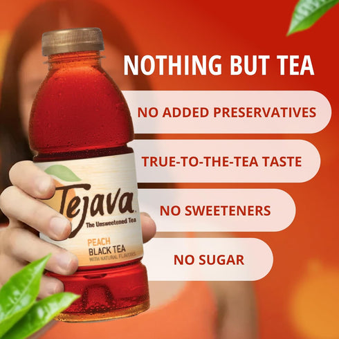 16.9 (12 Pack) Tejava Unsweetened Peach Iced Tea, Ounce PET Bottles, Natural, Non-GMO-Verified, Rainforest