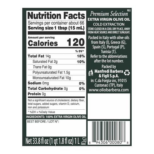 Packed 33.8 oz (1 Barbera Premium Selection Extra Virgin Olive Oil Cold Extraction, in Italy, Blend of Italian, Greek