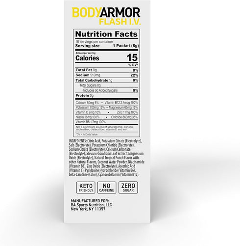 Packets, Packs, (15 Count) BODYARMOR Flash I.V. Electrolyte Tropical Punch, Zero Sugar Drink Mix, Single Serve Coconut