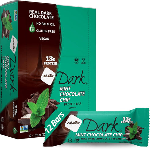 NuGo Dark Chocolate Mint Chocolate Chip, 13g Protein Bar, Vegan, Gluten Free,