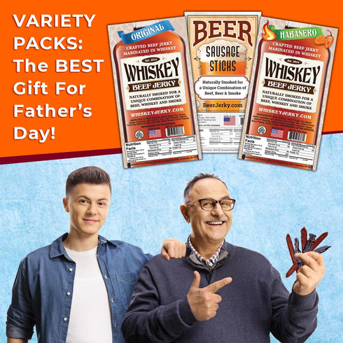 BeerJerky 3-Packs, WhiskeyJerky.com, Beef Jerky and Sausage Sticks Marinated in Whiskey, Variety Jerky Gifts for men