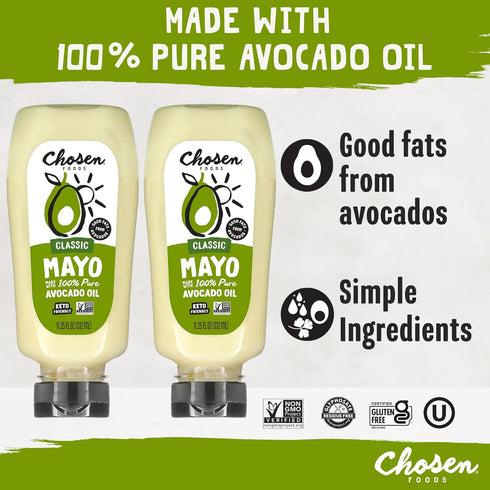 Chosen Foods 100% Avocado Oil-Based Classic Mayonnaise, Gluten & Dairy Free, Low-Carb, Keto & Paleo Diet Friendly, Mayo for Sandwiches, Dressings and Sauces, Made with Cage Free Eggs (11.25 fl oz, 2 Pack)