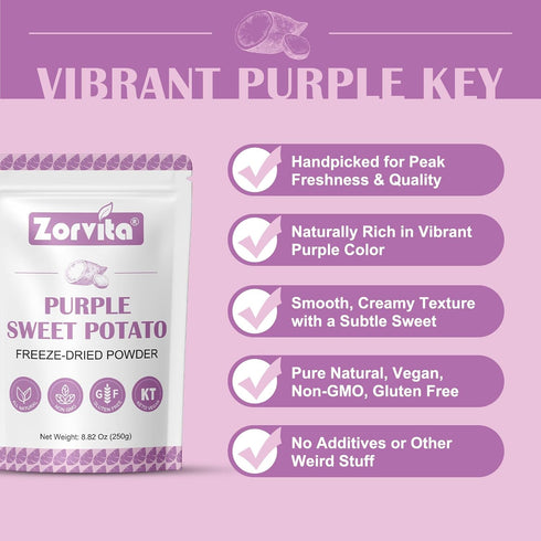 Zorvita 8.82 Oz, 250g Purple Sweet Potato Powder Natural Purple Superfood Color Powder, Vegan, Gluten-Free, Non-GMO, No
