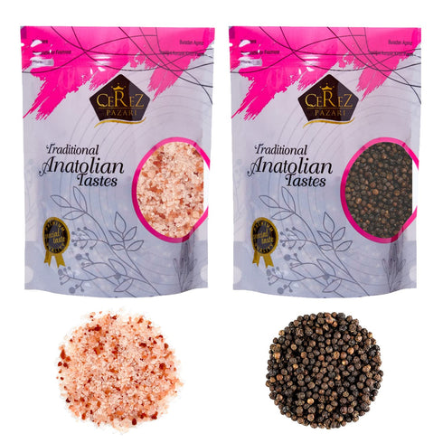 Cerez Pazari Whole Black Peppercorns 12 oz, & Himalayan Pink Salt Coarse