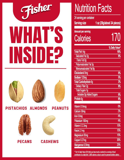 24 (Pack 1), Fisher Oven Roasted Never Fried Mixed Nuts with Peanuts, Ounces of Peanuts, Almonds, Cashews, Pistachios
