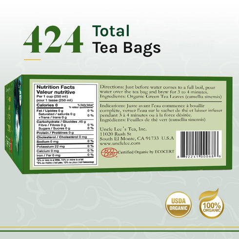 4-Pack, 106-Count Packs Uncle Lee's Organic Green Tea Bags Super Bright & Refreshing, Lightly Caffeinated Bulk Tea