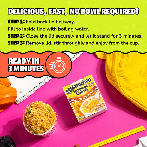 3 2.25 Oz. (12 Pack) Maruchan Instant Lunch Ramen Noodles, Lime Chili Chicken Flavor Japanese-Style Instant Noodle