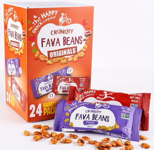 Pack 24 1 oz 130 The Happy Snack Company Fava Beans Variety x (Smoky BBQ Flavor and Pizza Flavor). High Fiber Vegan