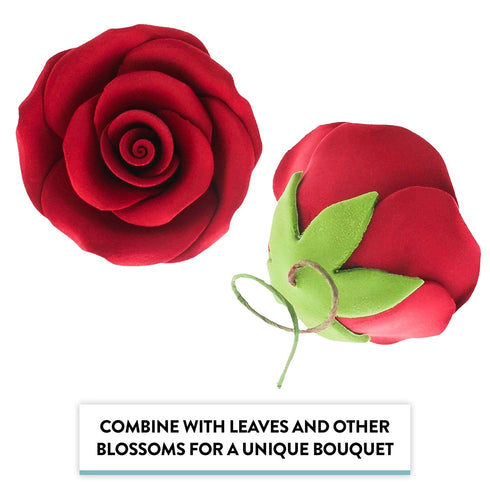 (12 Count, 1.5 Inch) Sugar Roses Medium Wired Gum Paste Flowers with Calyx, Red Roses for Cake Decorating, by Global