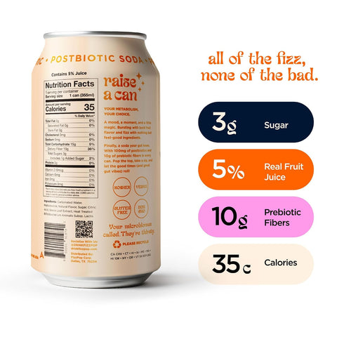 12 oz (Pack 12) Fizz Pop Metabolic Sparkling Postbiotic and Prebiotic Soda Pop Gut Health Seltzer Water Fiber Drink