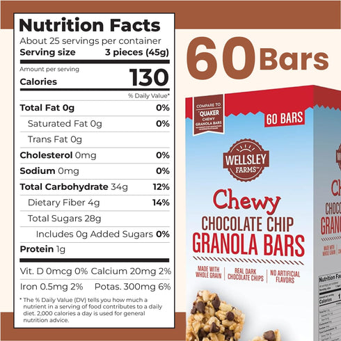 Wellsley Farms 110 60 Count (Pack 1) Chewy Chocolate Chip Granola Bars - No High-Fructose Corn Syrup - Vegetarian