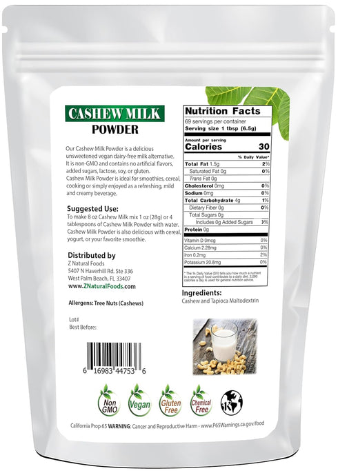 1 lb Z Natural Foods Unsweetened Cashew Milk Powder - Plant/Nut Milk For Healthy Heart, Bones, Skin - Substitute