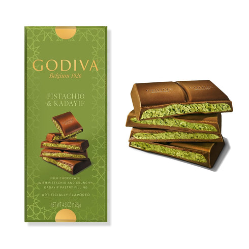 122g Godiva Dubai Style Milk Chocolate Bar, Gourmet Chocolate with Creamy Pistachio Filling & Crispy Kadayif, Premium