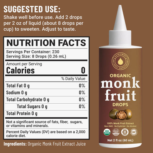 100% 2 oz Organic Monk Fruit Liquid Sweetener Drops, Pure Extract, Zero Sugar & No Erythritol, Original Flavor Liquid