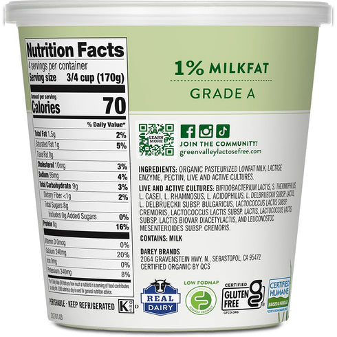 Green Valley Creamery 24 Green Valley Lactose Free Organic Lowfat Plain Yogurt, Ounce