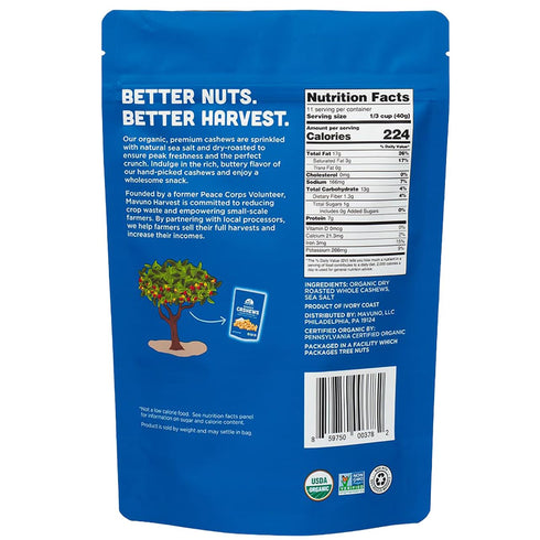 16 Pack 1 Mavuno Harvest Organic Roasted Cashews with Sea Salt | Dry Roasted Whole Cashew Nuts | Vegan, Non GMO Healthy