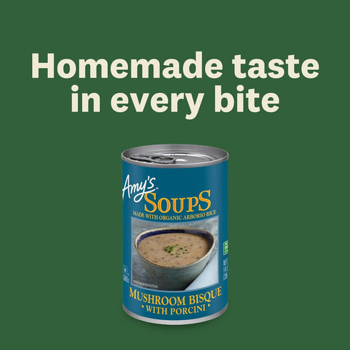 14 Oz Amy's Soup, Mushroom Bisque With Porcini, Gluten Free, Made with Organic Vegetables and Cream, Vegetarian Canned