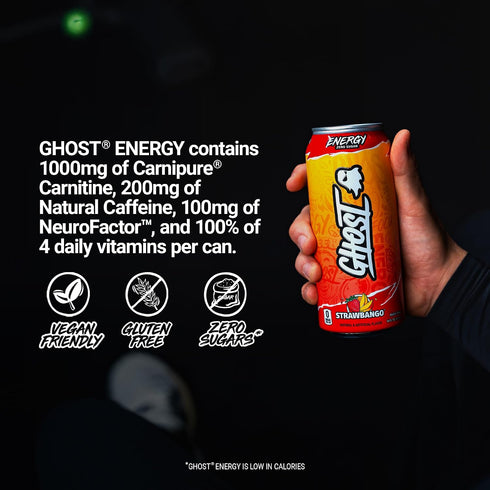 12-Pack, 16oz 200mg GHOST Energy Drink - Strawbango, - Energy & Focus & No Artificial Colors - of Natural Caffeine