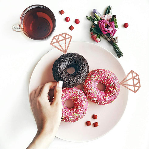 50 Pack Rose Gold Glitter Diamond Donut Ring Cupcake Topper Picks for Engagement Bridal Shower Party Decorations