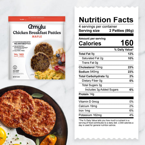 14g 12 oz Amylu Foods Chicken Sausage Breakfast Patties, Maple, Natural Ingredients, of Protein, GAP Chicken Raised
