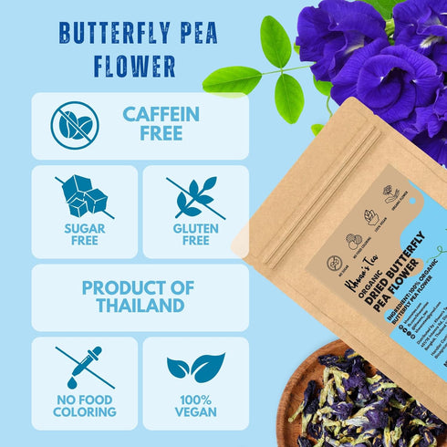 3.53 oz (100g) KHWAN'S TEA Organic Dried Butterfly Pea Flowers Blue Tea Clitoria Ternatea Flower Herbal Tea, Caffeine