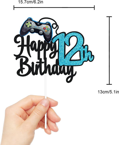 Video Game Happy 12th Birthday Cake Topper - Blue Cake Supplies for Boy's 12th Birthday Party - Game On Level Up
