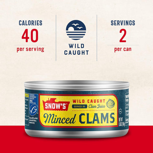 Snow's Wild Caught Minced Clams Canned, 6.5 oz Can - Gluten Free, Keto Friendly, 5g Protein Per Serving, 99% Fat Free