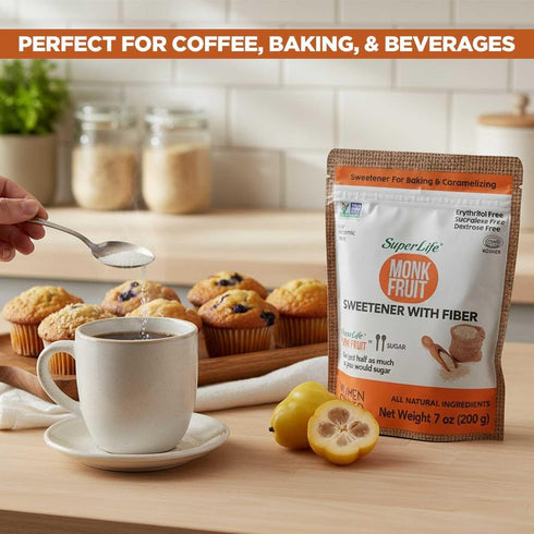 STEVIA SUPER LIFE 7oz 200g Super Life Monk Fruit Sweetener with Fiber Low-Glycemic Index, Diabetic-Safe