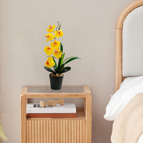 Peosaard 17 Inch 7 4 Orchid Plant, Orchid in Pot Realistic Yellow Faux with Flower Head & Leaf Real Touch Decorative