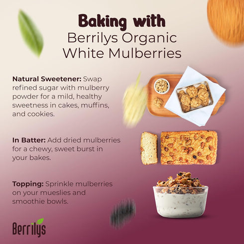 Mulberries 2 Pack Berrilys Organic Dried White & Black - Sun-Dried - Homemade Recipes - Chewy Fruit - Ideal for Snacks