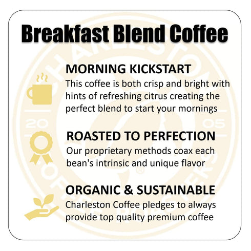 28oz Charleston Coffee Roasters | Specialty Organic Ground Coffee | Hand Picked, Premium Slow Roast (Breakfast Blend