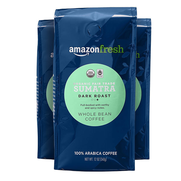 Amazon Fresh Organic Fair Trade Sumatra Whole Bean Coffee, Dark Roast, 12 Ounce (Pack