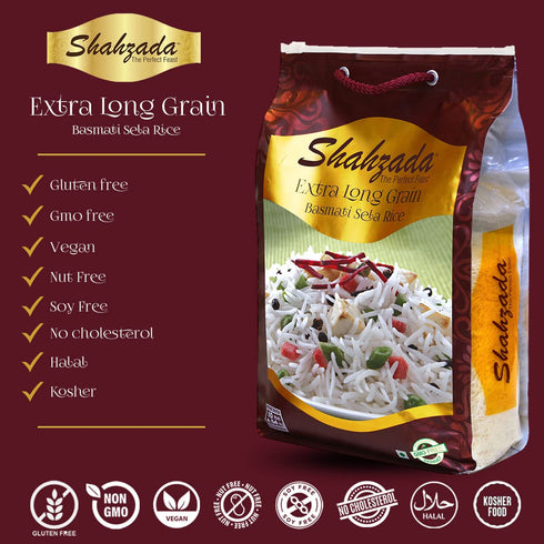 10 Lbs. Shahzada Basmati Sela Rice Extra Long Grain, Non-Sticky, Non GMO, Vegan, Gluten Free, No Cholesterol, Low