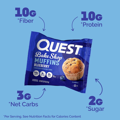 Quest Bake Shop Blueberry Muffins - 10g Protein, 2g Net Carbs, 2g Sugar, 8 Count