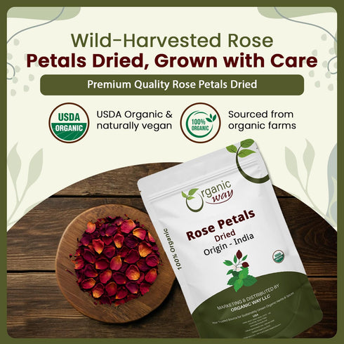 100% (1LBS 16Oz.) Organic Way Rose Petals Dried (Rosa Centifolia) - Pure, Edible & Fragrant for Tea | USDA & Kosher