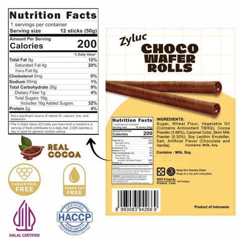 200 Pack (50g) 12 Pack Pack 20 Zyluc Chocolate Wafer Rolls Crispy Cream-Filled Cookies with Real Cocoa