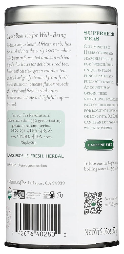 36 The Republic of Tea Organic South African Green Rooibos SuperHerb Tea Tin, Herbal Tea Bags, Naturally Caffeine-Free