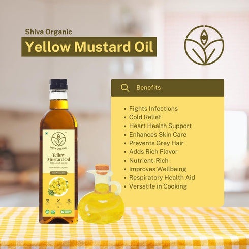 100% 1L (33.8 oz) Shiva Organic Cold-Pressed Yellow Mustard Oil - Natural, Certified Organic - fl for Cooking, Massage