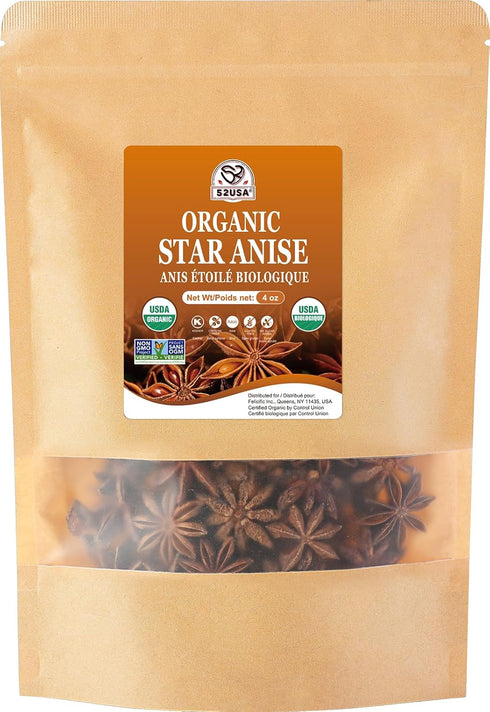 52USA Organic Star Anise, 4 Ounce (Pack of 1), Whole Dried NON-GMO Chinese Star Anise Pods for Tea and Baking