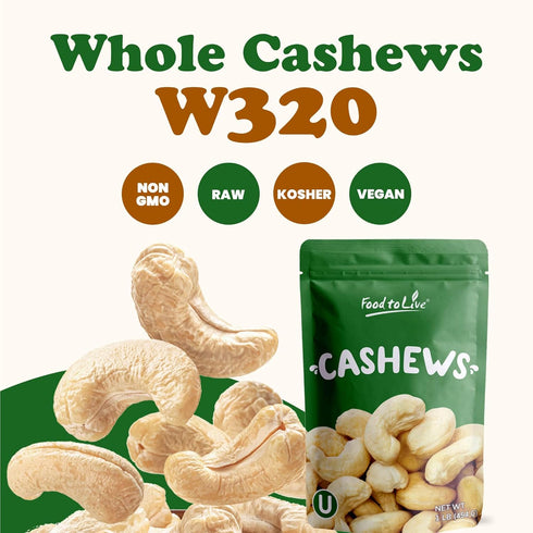 Food to Live Raw Cashews, 8 Ounces – Deluxe Whole Nuts, Unsalted, Unroasted Fancy Snack, Kosher, Vegan