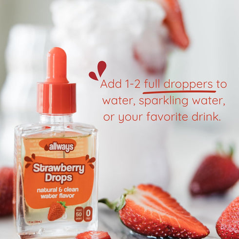 50 Allways Drops Natural Strawberry Water Enhancer | Sugar-Free, Zero Calories, Monk Fruit Sweetened | Glass Bottle