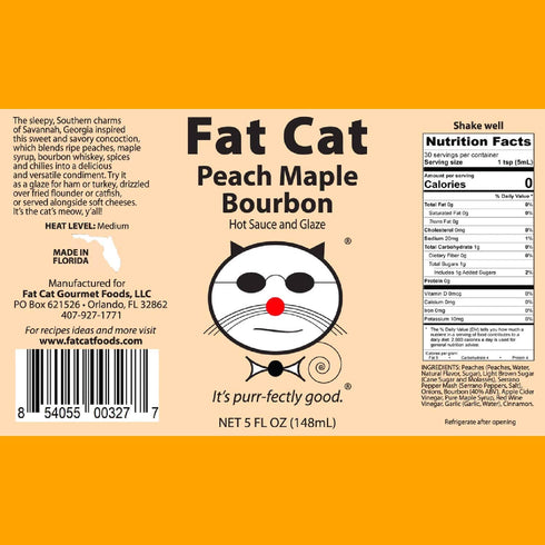 1 Peach Maple Bourbon Natural Hot Sauce & Glaze by Fat Cat Gourmet | Sweet Savory Southern Flavor | Mild Heat |