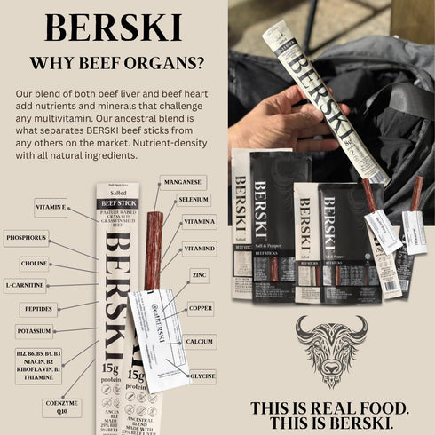100% 8 Pack (1.9 oz BERSKI Salted Beef Sticks Grass-Fed, Grass-Finished Ancestral Blend with Liver & Heart Keto, Paleo
