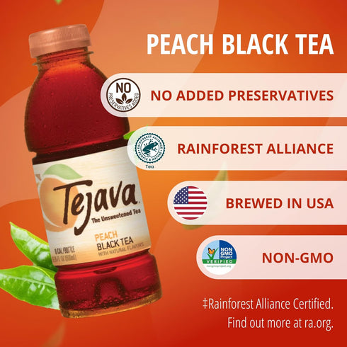 16.9 (12 Pack) Tejava Unsweetened Peach Iced Tea, Ounce PET Bottles, Natural, Non-GMO-Verified, Rainforest