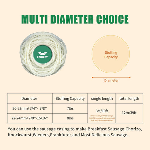 Sausage-12m/39ft22-24mm Edible Natural Sheep Sausage Casings, Grade A Pre-Tubed Sausage Casings for Home Sausage