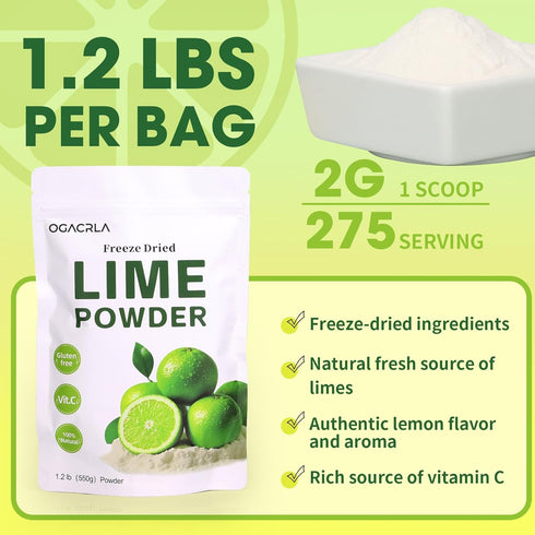 OGACRLA 1.25 lb Lime Powder Freeze-Dried Lime Juice Flavor Rich in Vitamin C | Natural Fruit Powder | No Sugar