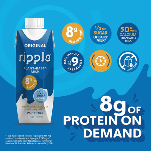8 oz (12 Pack) 8 oz (12 Pack) 24 Pack Ripple Vegan Dairy-Free Milk, Vanilla & Ripple Vegan Dairy-Free Milk, Original |