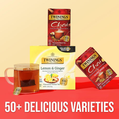 20 Count (Pack 1), 20 Twinings Chai Black Tea Individually Wrapped Bags, of Sweet, Savoury Spices, Caffeinated, Enjoy